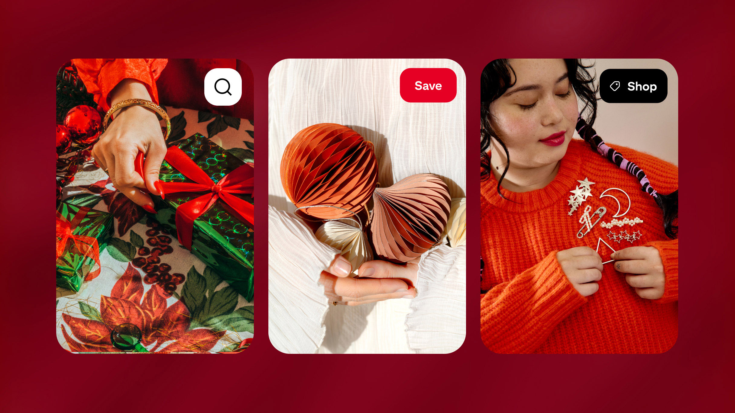 Three mock Pins on Pinterest: a hand tying a red ribbon on a green gift box, hands holding paper ornaments, and a woman in an orange sweater pinning festive brooches.
