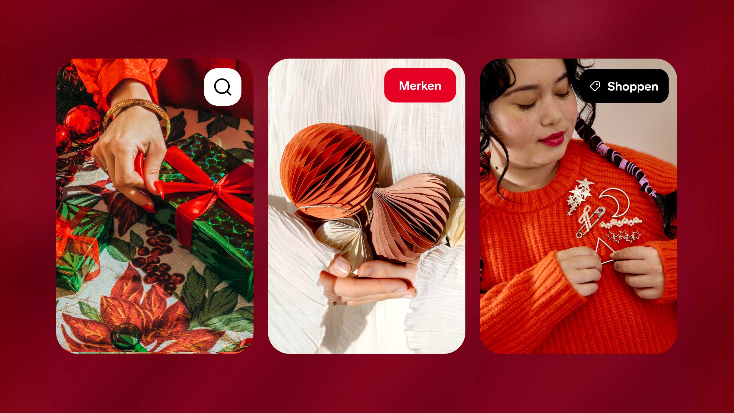  Drei Beispiel-Pins auf Pinterest: eine Hand, die eine rote Schleife um ein grünes Geschenk bindet, Hände, die Weihnachts-Papierschmuck halten, und eine Frau in einem orangefarbenen Pullover, die sich festliche Broschen anheftet.