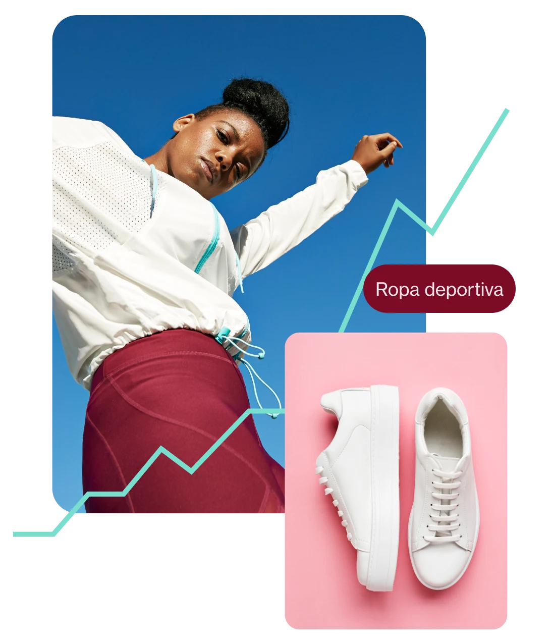 Mujer con una blusa de mangas largas blanca y leggings magenta, zapatillas deportivas blancas sobre un fondo rosa y los términos de búsqueda “athleisure outfit” en un botón ovalado magenta.