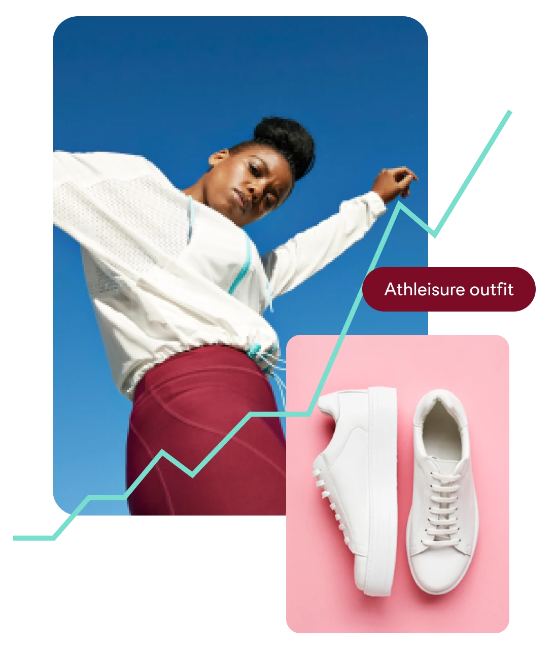 Eine Frau, die ein weißes langärmeliges Oberteil und eine weinrote Leggings trägt; weiße Sneaker vor einem rosafarbenen Hintergrund und dem Suchbegriff „Athleisure-Outfit“ auf einer weinroten Schaltfläche.