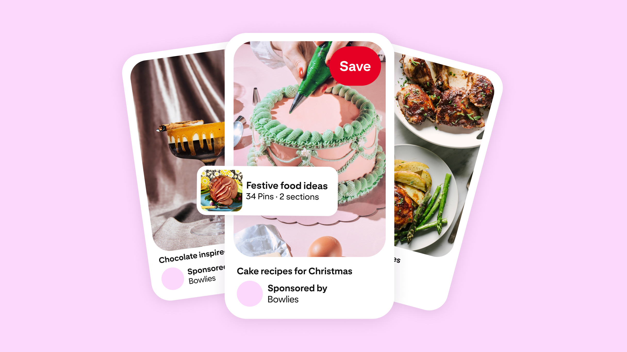 Three Pinterest mock ads on a pink background. Centre ad shows a hand decorating a pink cake with green icing. Other ads feature chocolate cake and roasted chicken.