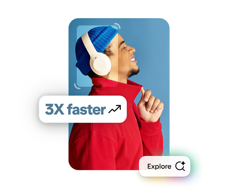 A Pin showing a man wearing a blue hat and white headphones. The words “3X faster” and “explore” also appear overlaid. 