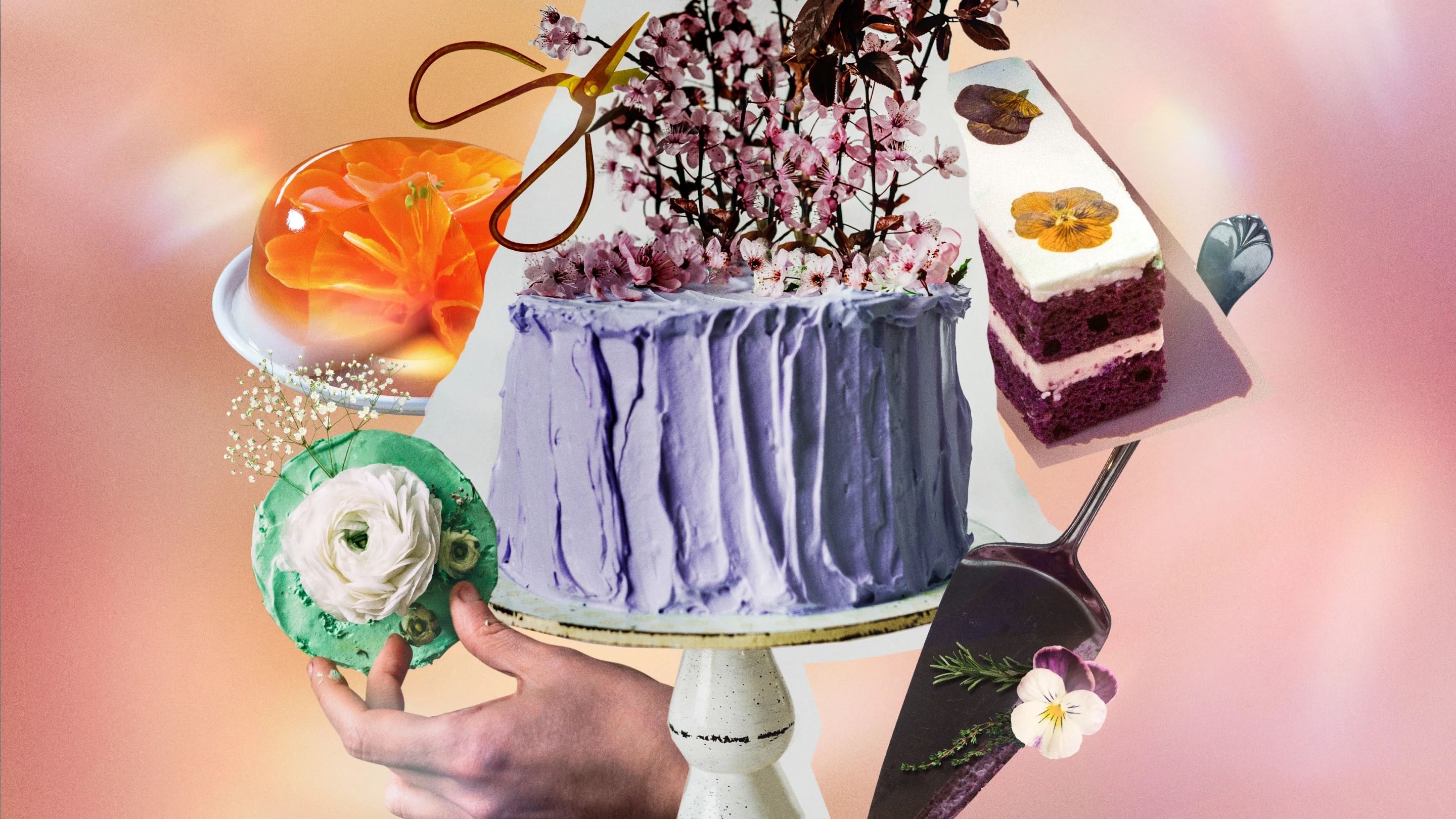 Uma variedade de bolos e fatias de bolo com flores silvestres adornadas em vários estilos.