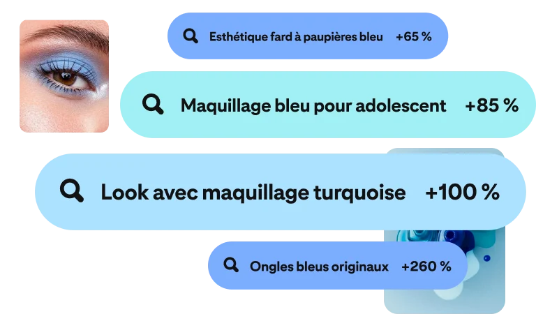 Barres de recherche en plusieurs teintes de bleu remplies de termes de recherche liés au maquillage bleu. Un zoom sur un œil avec du fard à paupières bleu en haut à gauche et une vue aérienne de cinq flacons de vernis de teintes bleues en bas à droite. 