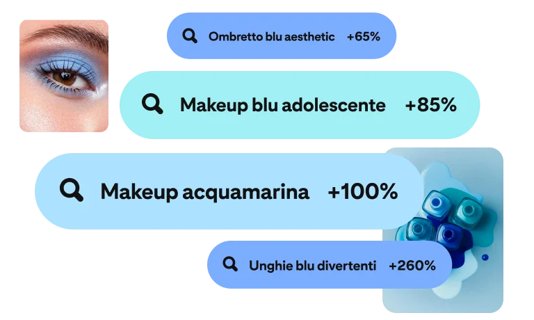 Riquadri in varie sfumature di blu contenenti termini di ricerca relativi al make-up blu. In alto a sinistra un primo piano dell'occhio di una donna bianca con ombretto blu e in basso a destra cinque boccette di smalto in varie sfumature di blu. 