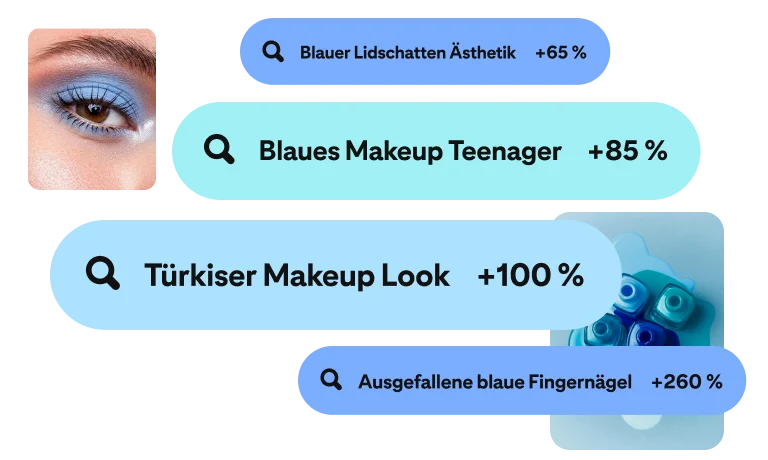 Suchfelder in verschiedenen Blautönen, in denen Suchbegriffe zu blauem Make-up stehen. Nahaufnahme des Auges einer weißhäutigen Frau mit blauem Lidschatten links oben und Luftaufnahme von fünf Nagellackflaschen in verschiedenen Blautönen rechts unten. 