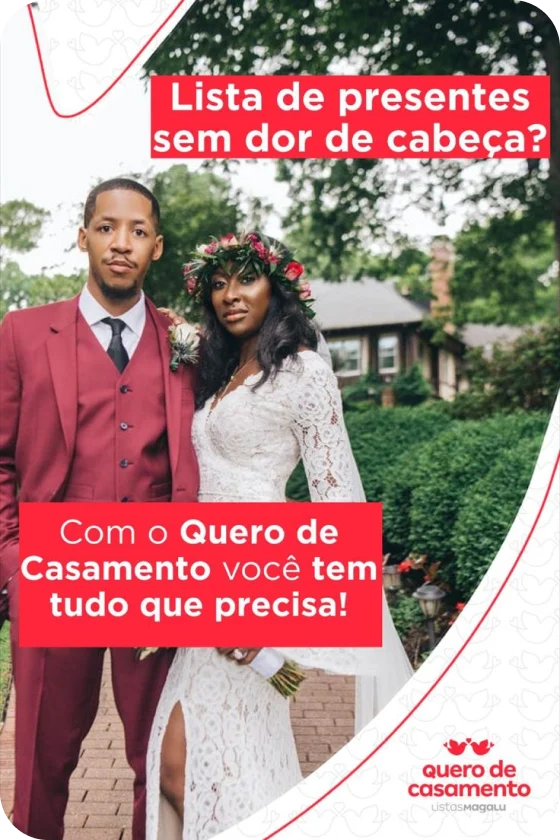 Dois casais heterossexuais no dia de seu casamento com o texto "Lista de casamento sem dor de cabeça? Com o Quero de Casamento, você tem tudo que precisa!"