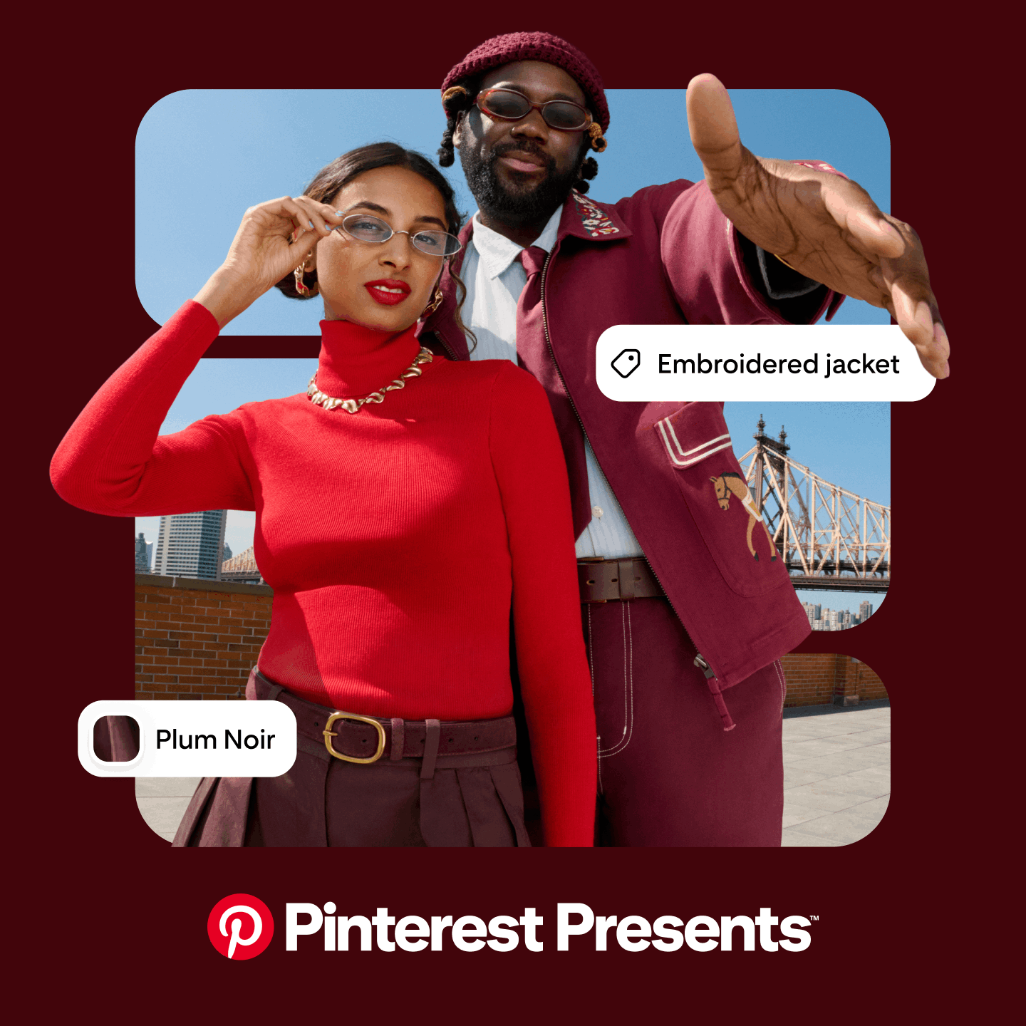 Promotional graphic with Pinterest Presents hosts Pooja Tripathi and DJ Daughtry on a New York City rooftop, in a dark maroon frame. White overlay boxes read ‘Embroidered jacket’ and ‘Plum Noir’. The text ‘Pinterest Presents’ appears below in bold white.