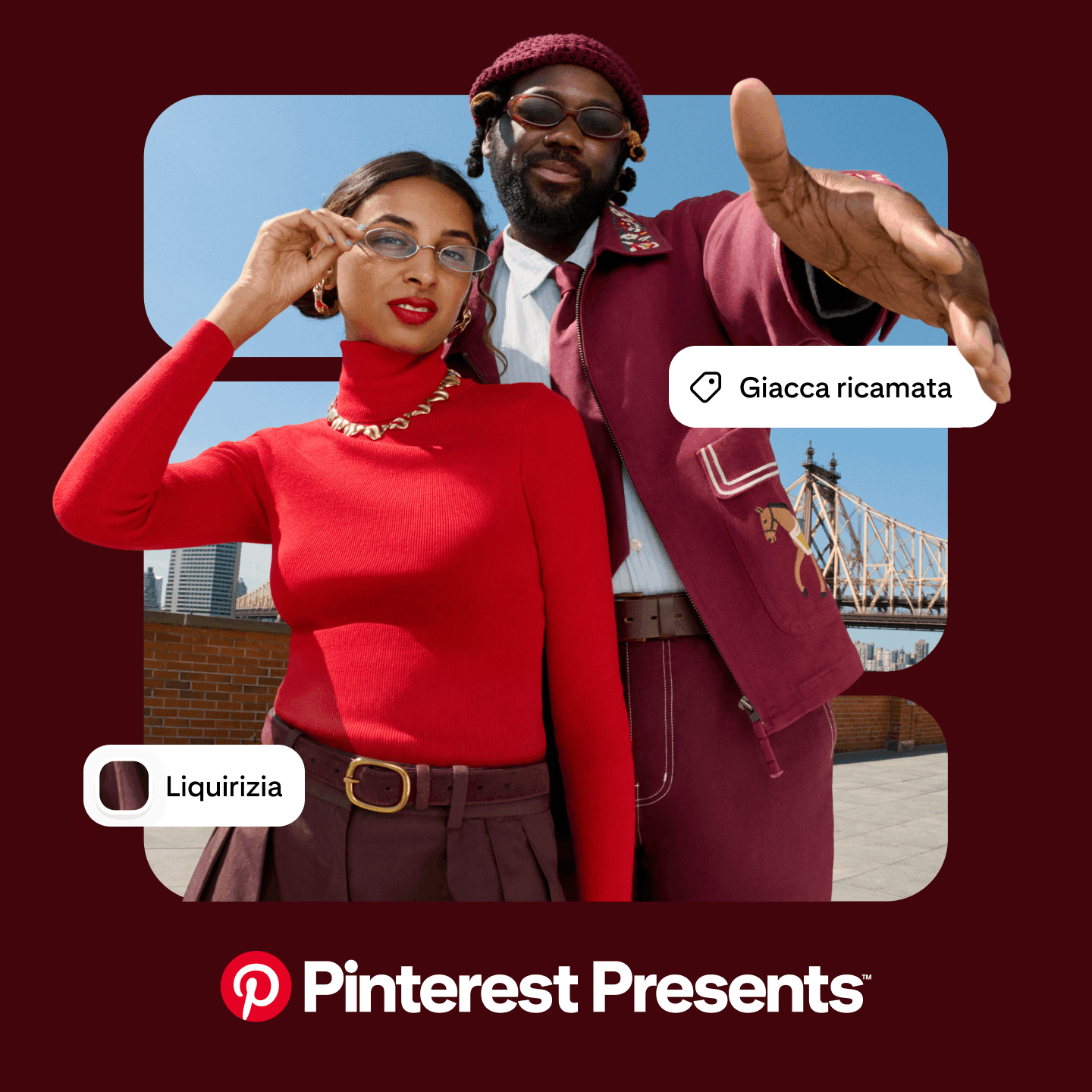Grafica con i conduttori di Pinterest Presents Pooja Tripathi e DJ Daughtry su un tetto di New York, in una cornice marrone scuro. Riquadri bianchi con scritto "Giacca ricamata" e "Liquirizia". In basso il testo "Pinterest Presents" in grassetto bianco.