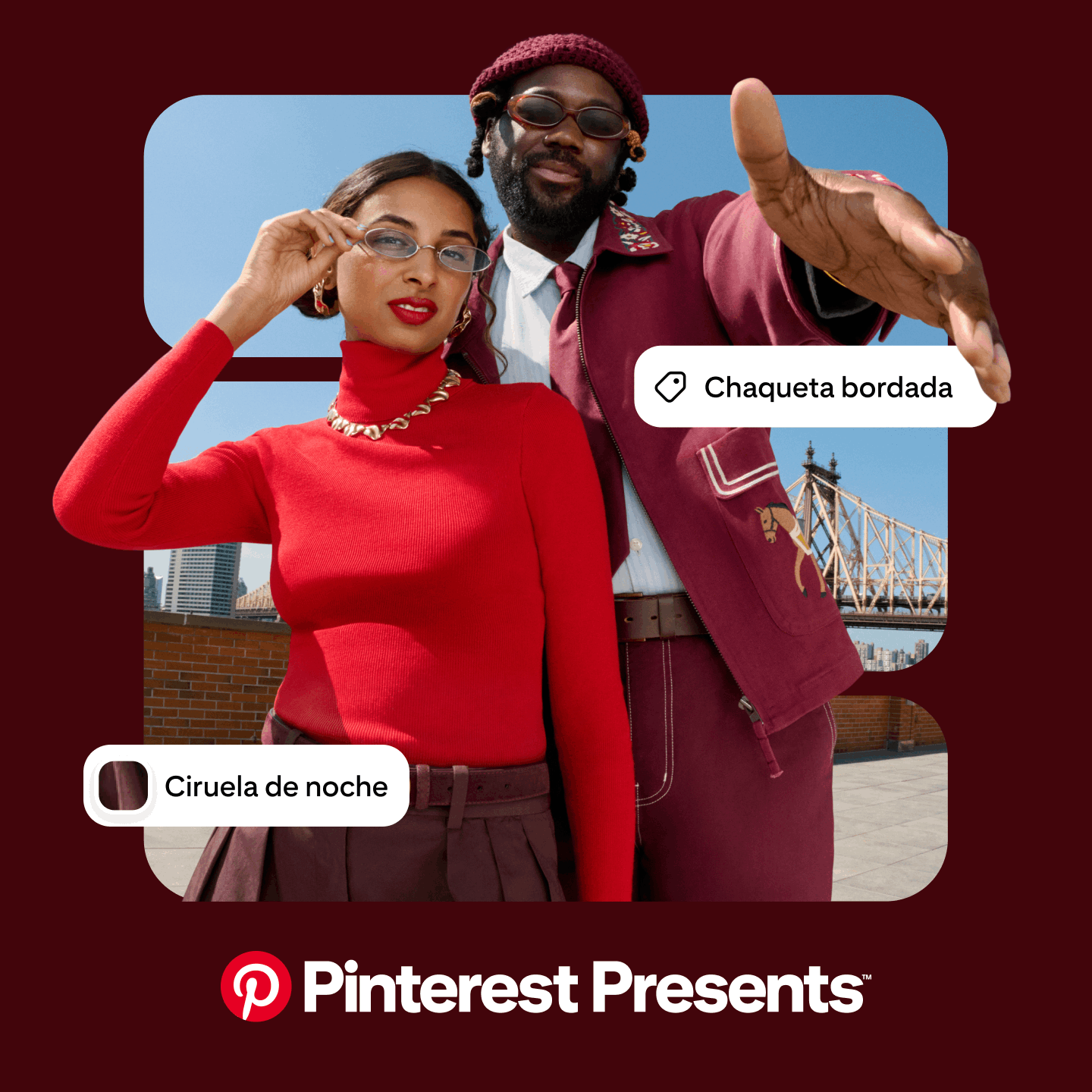 Imagen con Pooja Tripathi y DJ Daughtry, anfitriones de Pinterest Presents, en una azotea de Nueva York. Cuadros superpuestos blancos con el texto “Chaqueta bordada” y “Ciruela de noche”. El texto “Pinterest Presents” aparece abajo en blanco y negrita.
