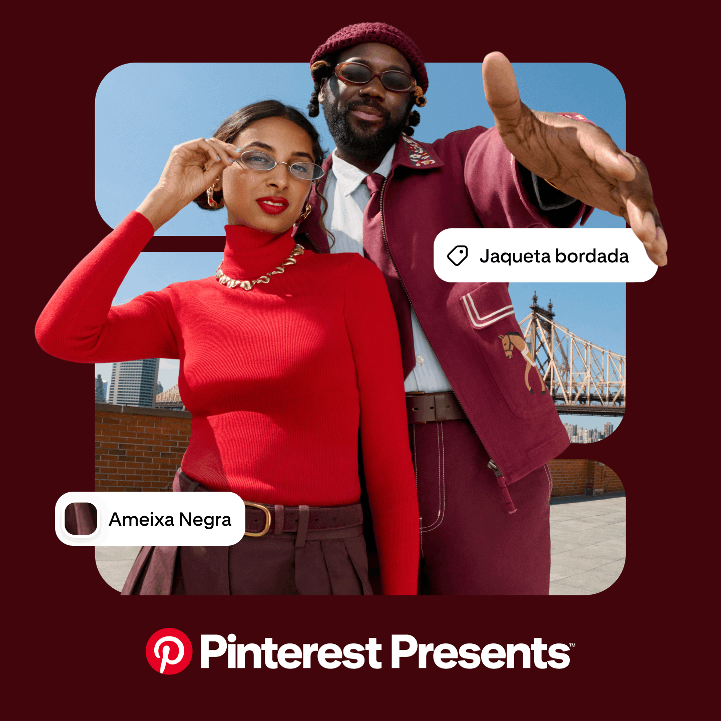 Imagem promocional com os apresentadores Pooja Tripathi e DJ Daughtry em um terraço em Nova York com uma moldura marrom-escura. Caixas sobrepostas em branco exibem "Jaqueta bordada" e "Ameixa Negra". "Pinterest Presents" aparece abaixo em branco negrito.