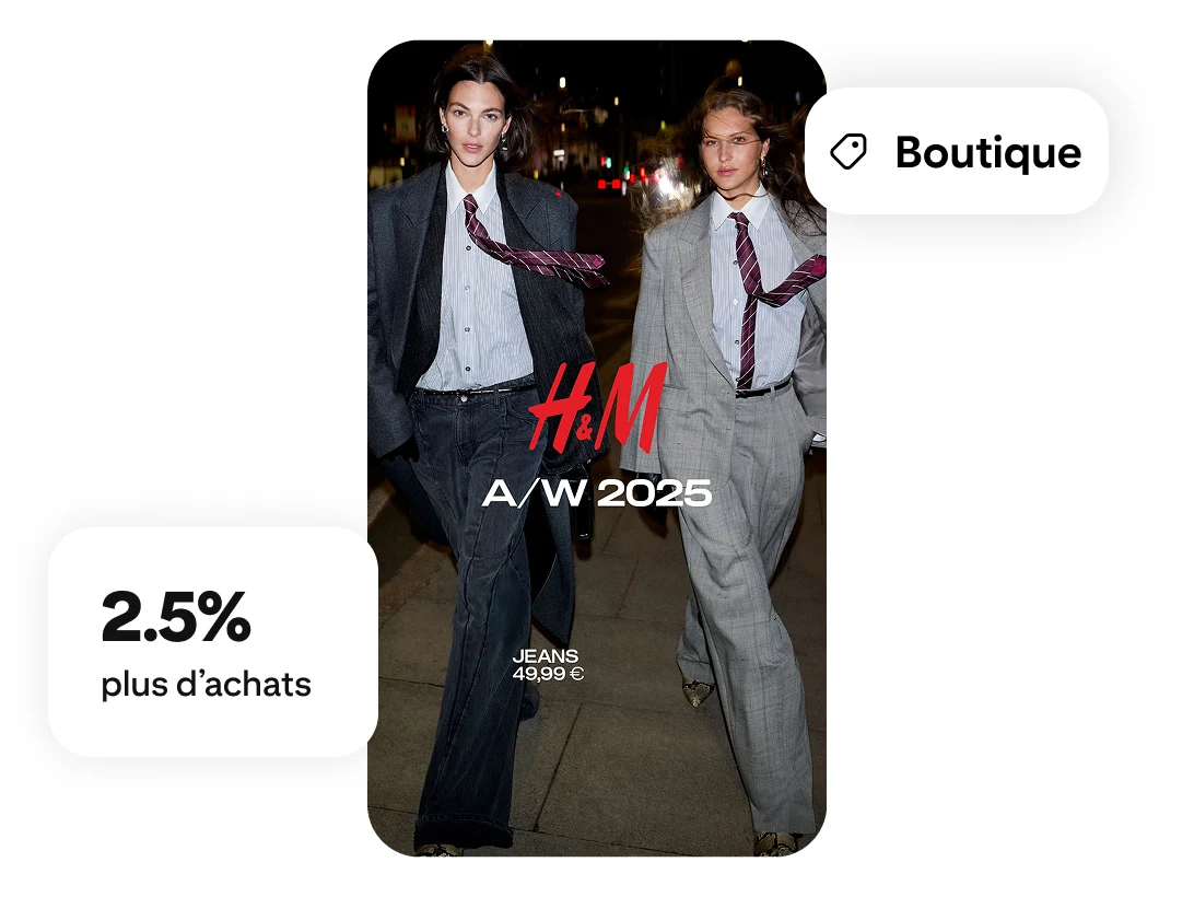 Deux mannequins marchant avec « H&M 2025 » affiché en surimpression, un badge « Boutique » et une étiquette indiquant une augmentation de 2,5 % dans l’ensemble des paiements finaux 
