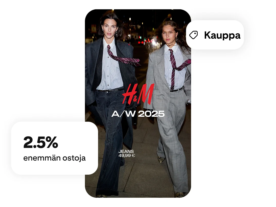 Kaksi mallia kävelemässä, H&M 2025 -peittokuva, ostosselite ja kokonaisostosten 2,5 %:n kasvun selite 