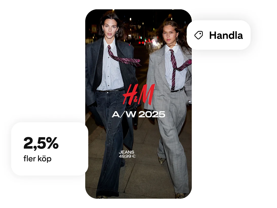 Två modeller som går med ett H&M 2025-överlägg, en butiksetikett och en etikett som visar ökning av den totala kassan med 2,5 % 