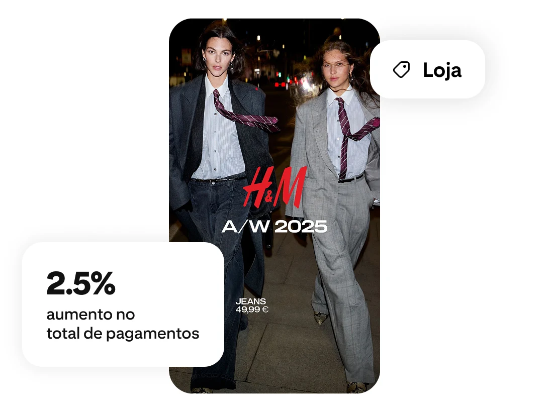Dois modelos a desfilar com uma sobreposição da coleção H&M de 2025, uma etiqueta da loja e uma etiqueta de aumento de 2,5% no valor total de pagamentos 