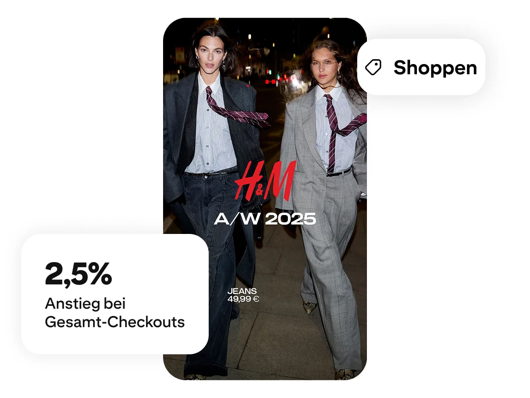Zwei Models, ein Overlay mit dem Text „H&M 2025“, ein Label mit dem Text „Shoppen“ und ein Label mit dem Text „2,5 % mehr Checkouts insgesamt“. 
