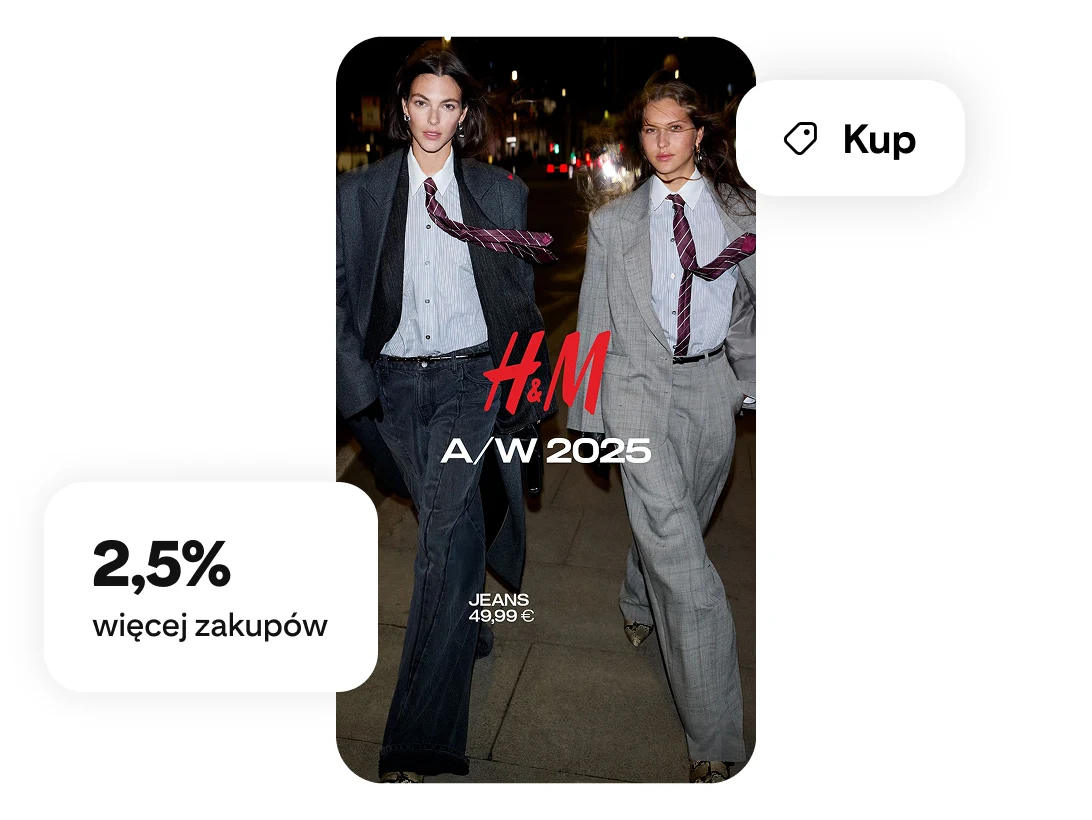 Dwie chodzące modelki z nakładką H&M 2025, etykietą zakupów i 2,5% wzrostu ogólnej liczby przejść do kasy 