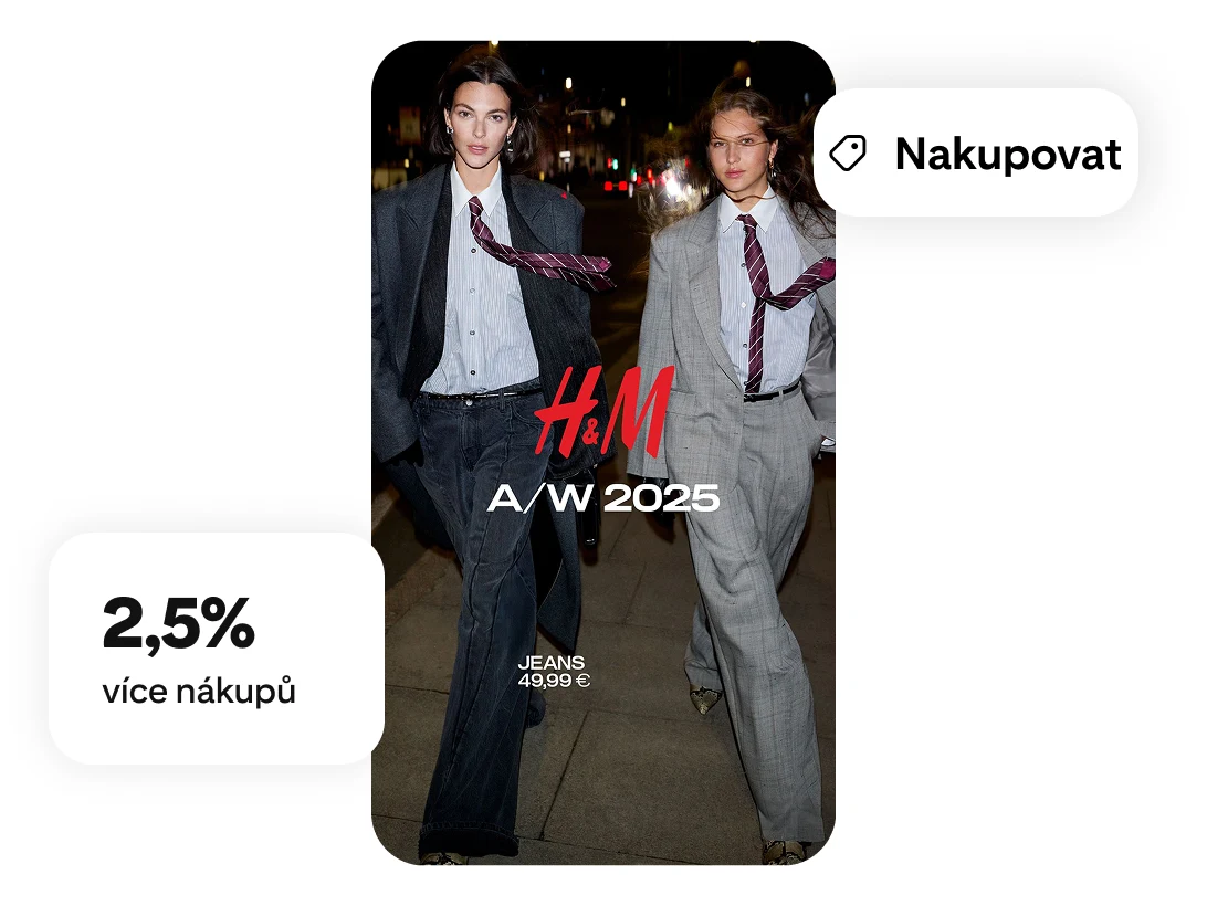 Dva modelové kráčející s nápisem „H&M 2025“, obchodní značkou a údajem o 2,5% nárůstu celkových tržeb 