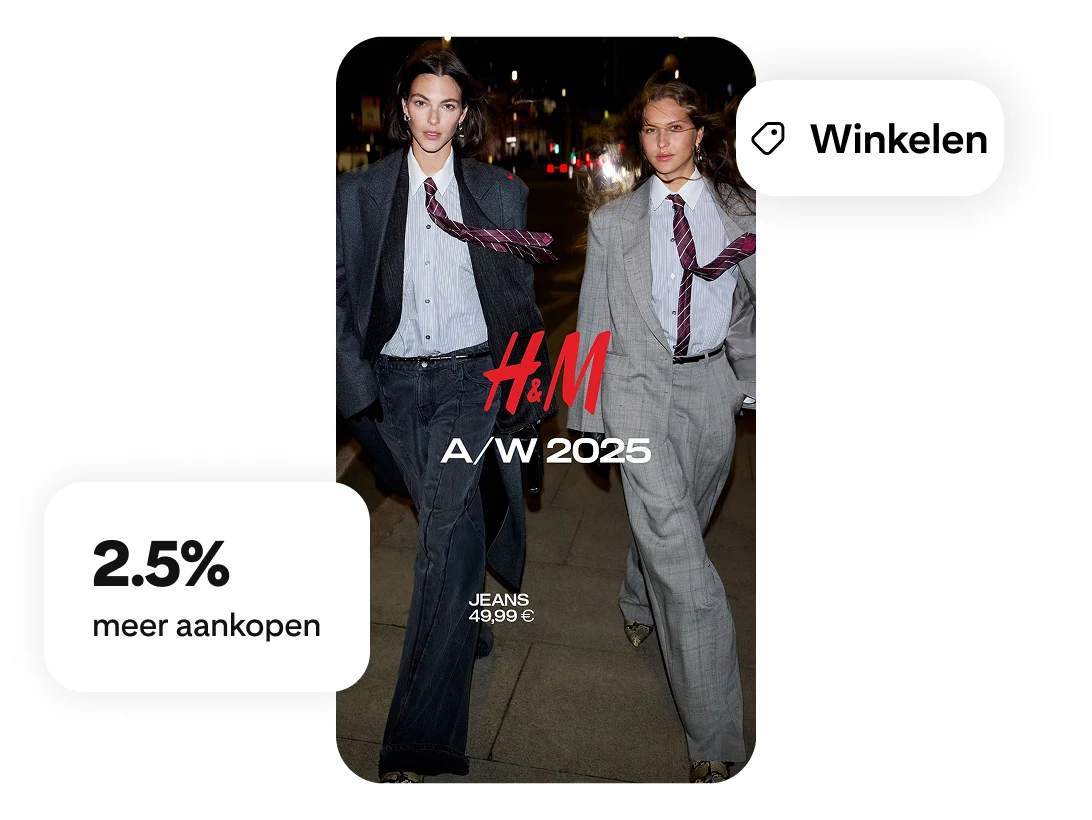 Twee lopende modellen met een H&M 2025-overlay, een winkellabel en een label dat een stijging van 2,5% in het aantal afrekengebeurtenissen aangeeft 
