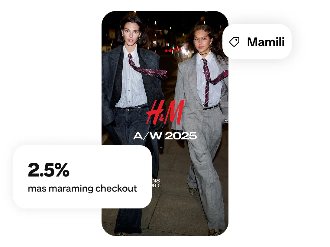 Dalawang modelong naglalakad na may overlay na H&M 2025, isang label ng shop at label na 2.5% pagtaas sa pangkalahatang mga pag-checkout 