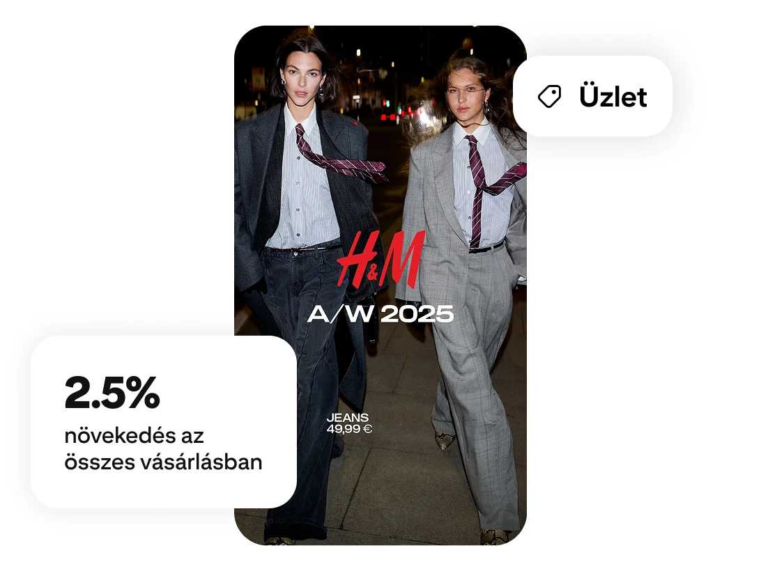 Két sétáló modell „H&M 2025” felirattal, „vásárlás” címkével és egy 2,5%-os növekedést jelző címkével 