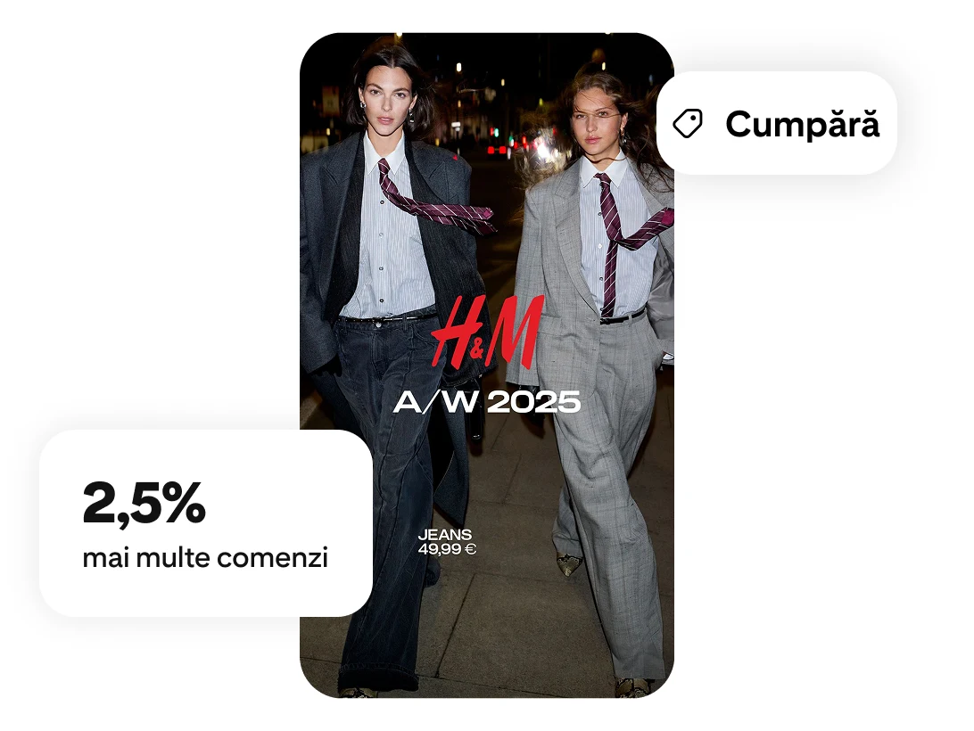 Două modele în mers cu o suprapunere H&M 2025, o etichetă de magazin și o etichetă cu o creștere de 2,5% a finalizărilor de comenzi 