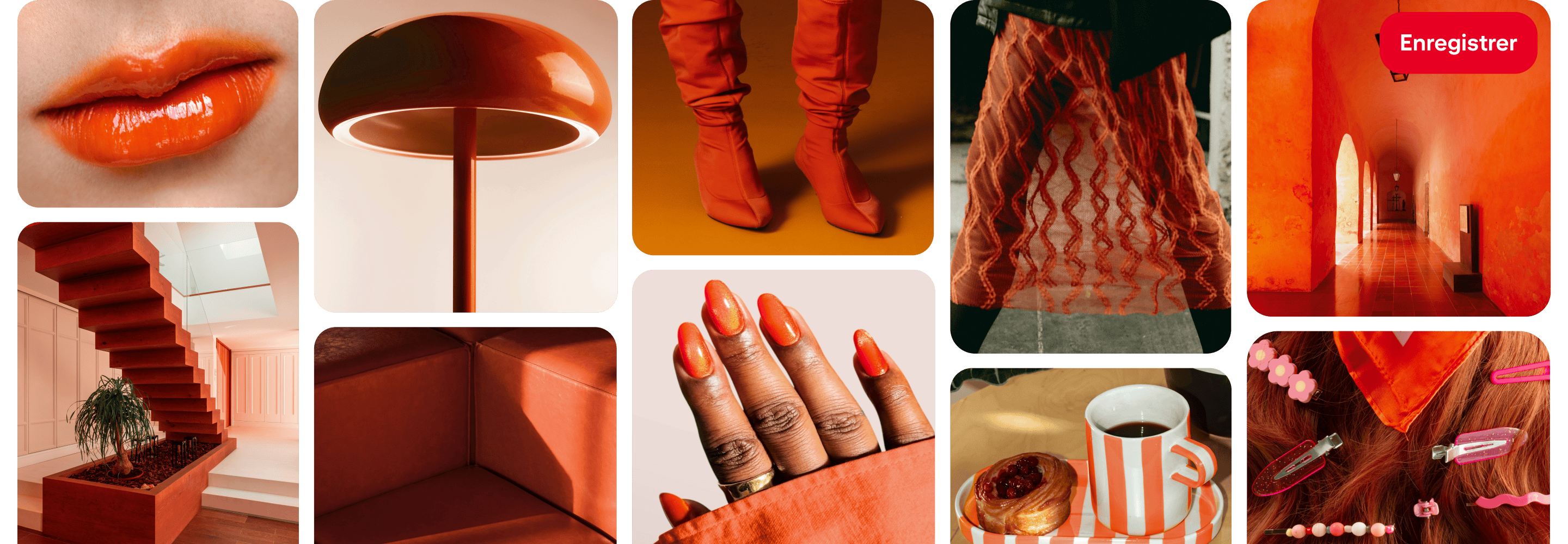 Grille d’Épingles avec des articles orange vif. Les images comprennent des lèvres brillantes, des escaliers, une lampe, des ongles, des bottes, une jupe, un couloir, des accessoires pour cheveux et une tasse rayée. 