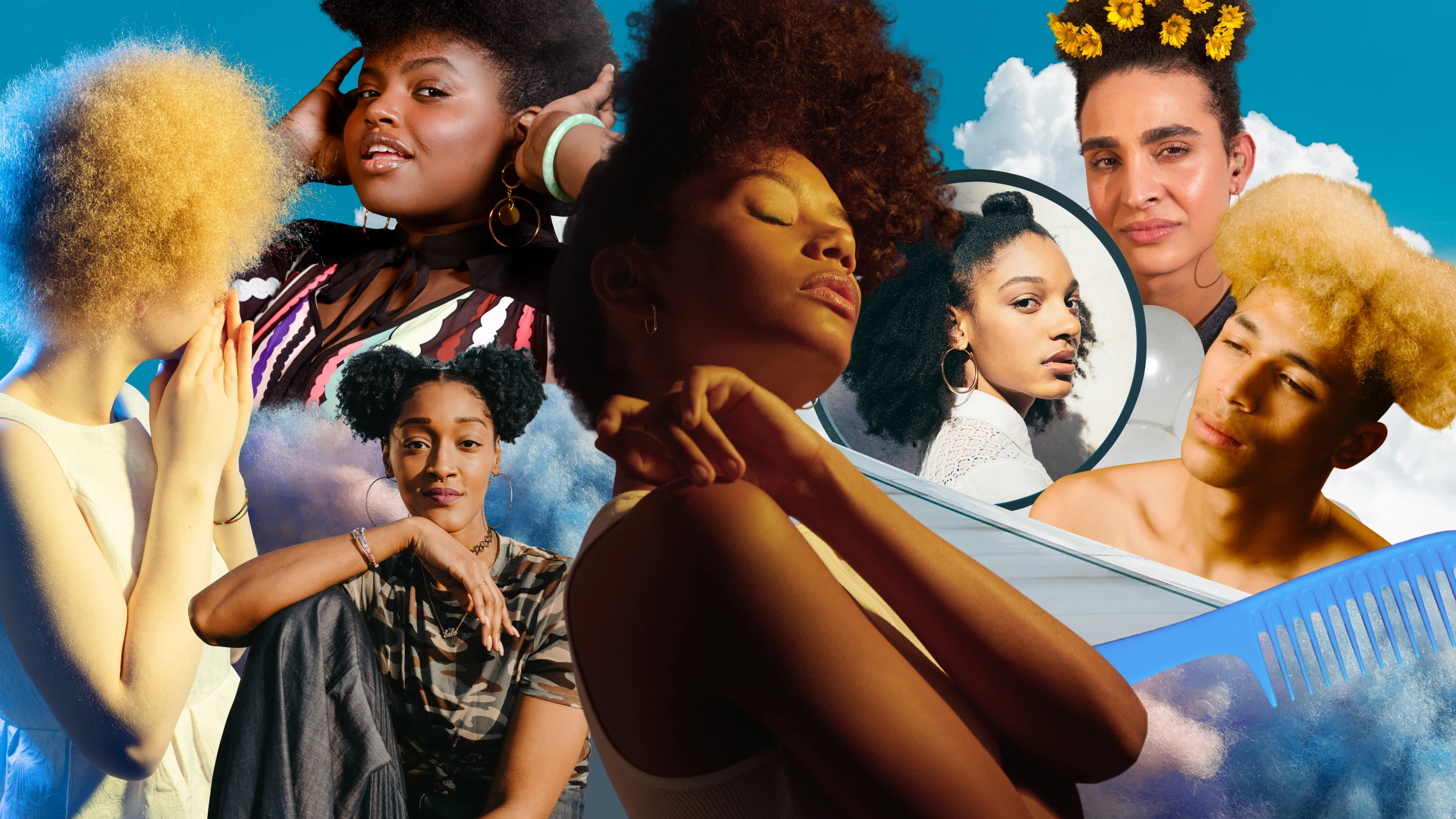 Collage of six Black women and one Black man with different skin tones and hair textures. Naturally textured blond hair, hair tied in a top bun with yellow flowers and a two-puffs natural hairstyle.
