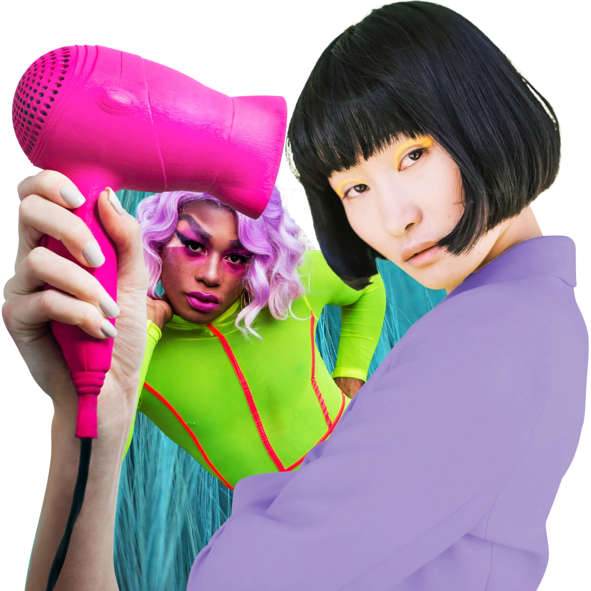 An East Asian woman is holding a large, dark pink hairdryer. A Black woman is in the background, wearing a purple wig and a neon green long-sleeved top.