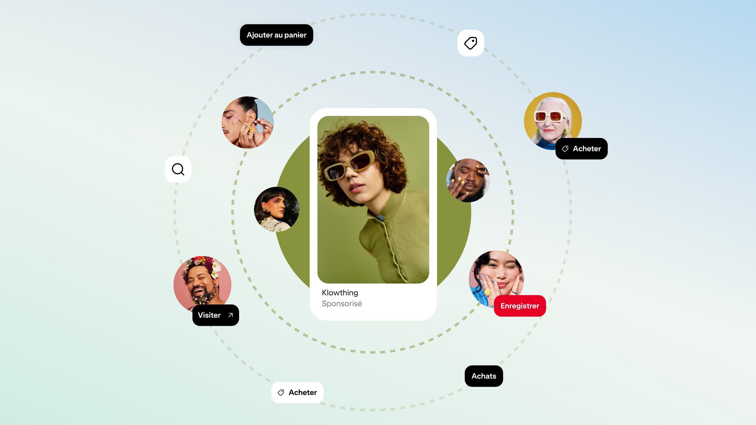 Social commerce et shopping en ligne sur plateforme de style Pinterest avec annonce sponsorisée pour lunettes de soleil, contenus d’influenceurs, créateurs beauté et actions e-commerce (Enregistrer, Acheter, Visiter, Ajouter au panier et Paiement final).