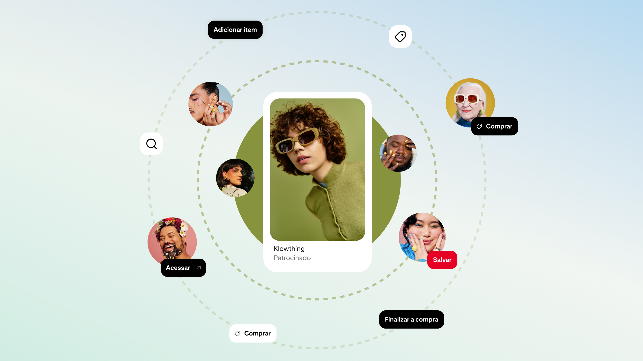 Ilustração de social commerce e compras online com anúncio patrocinado de óculos de sol, influenciadores, criadores de beleza e ações como Salvar, Comprar, Acessar, Adicionar item e Finalizar a compra em plataforma de descoberta no estilo do Pinterest.