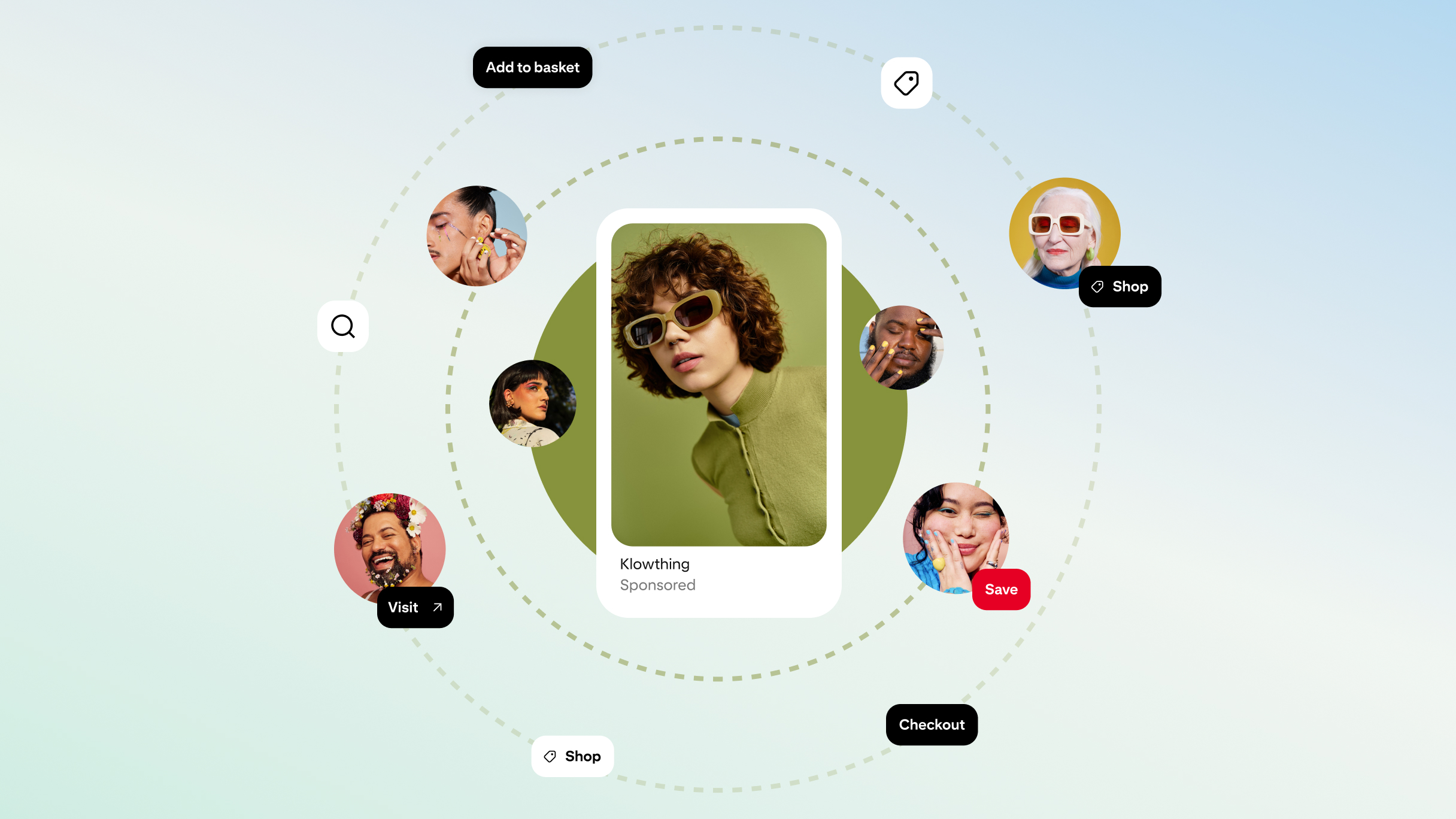 Social commerce and online shopping illustration featuring a sponsored fashion sunglasses ad, influencer content, beauty creators and e-commerce actions including Save, Shop, Visit, Add to basket and Checkout on a Pinterest-style discovery platform.
