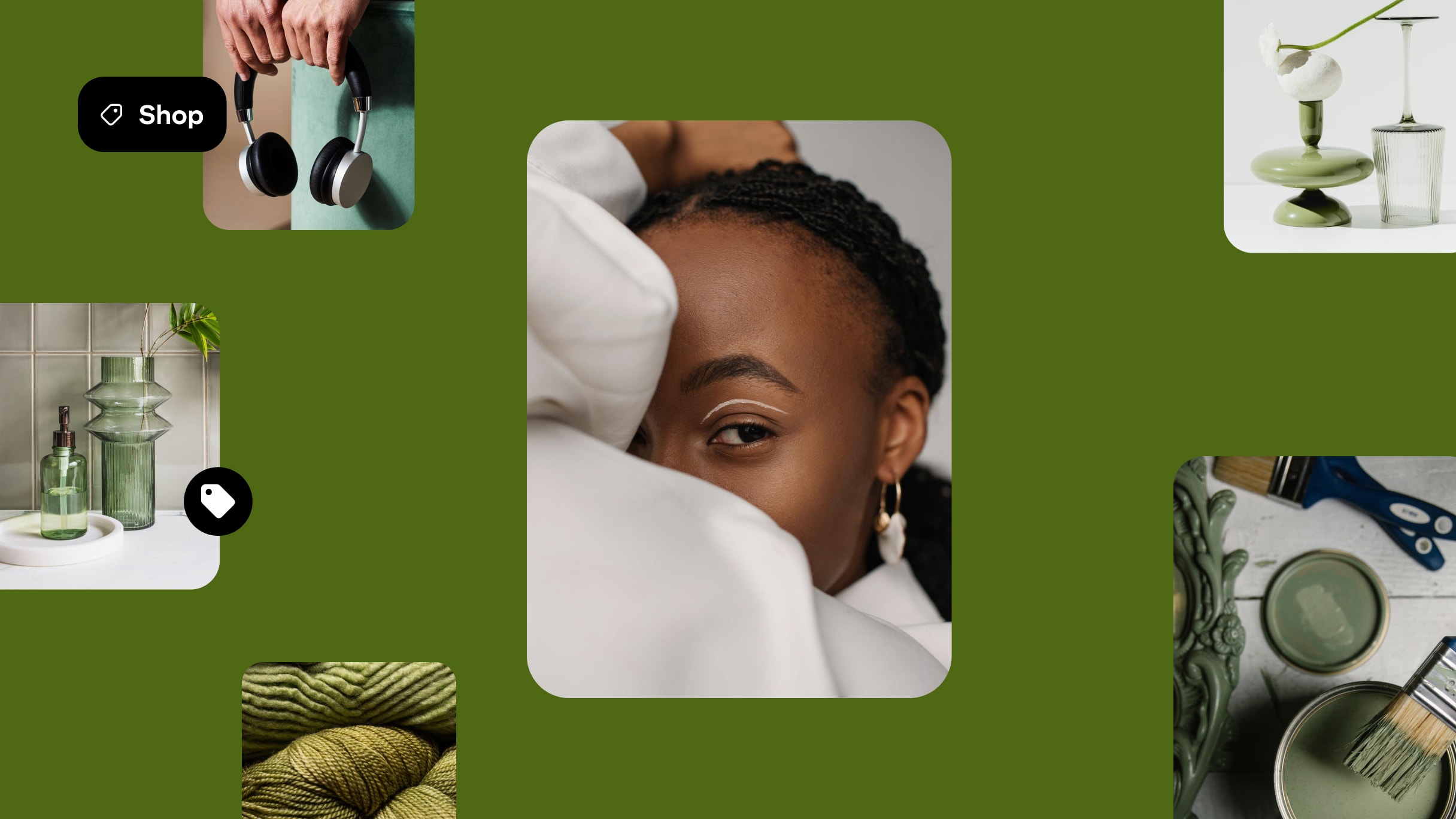 Various green products and images, like vases, headphones and paint cans, surround a photo of a woman wearing white. 