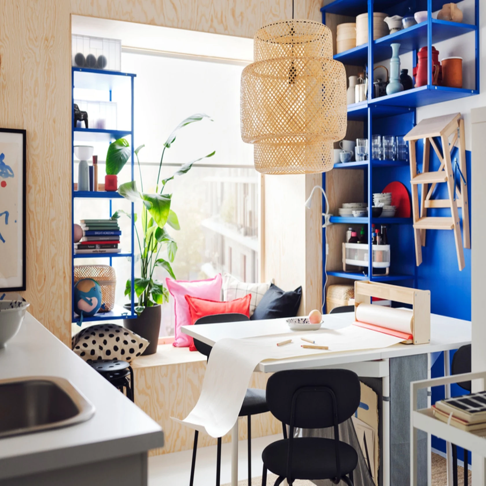 Art room with bright natural lighting and bright colors and decorations 