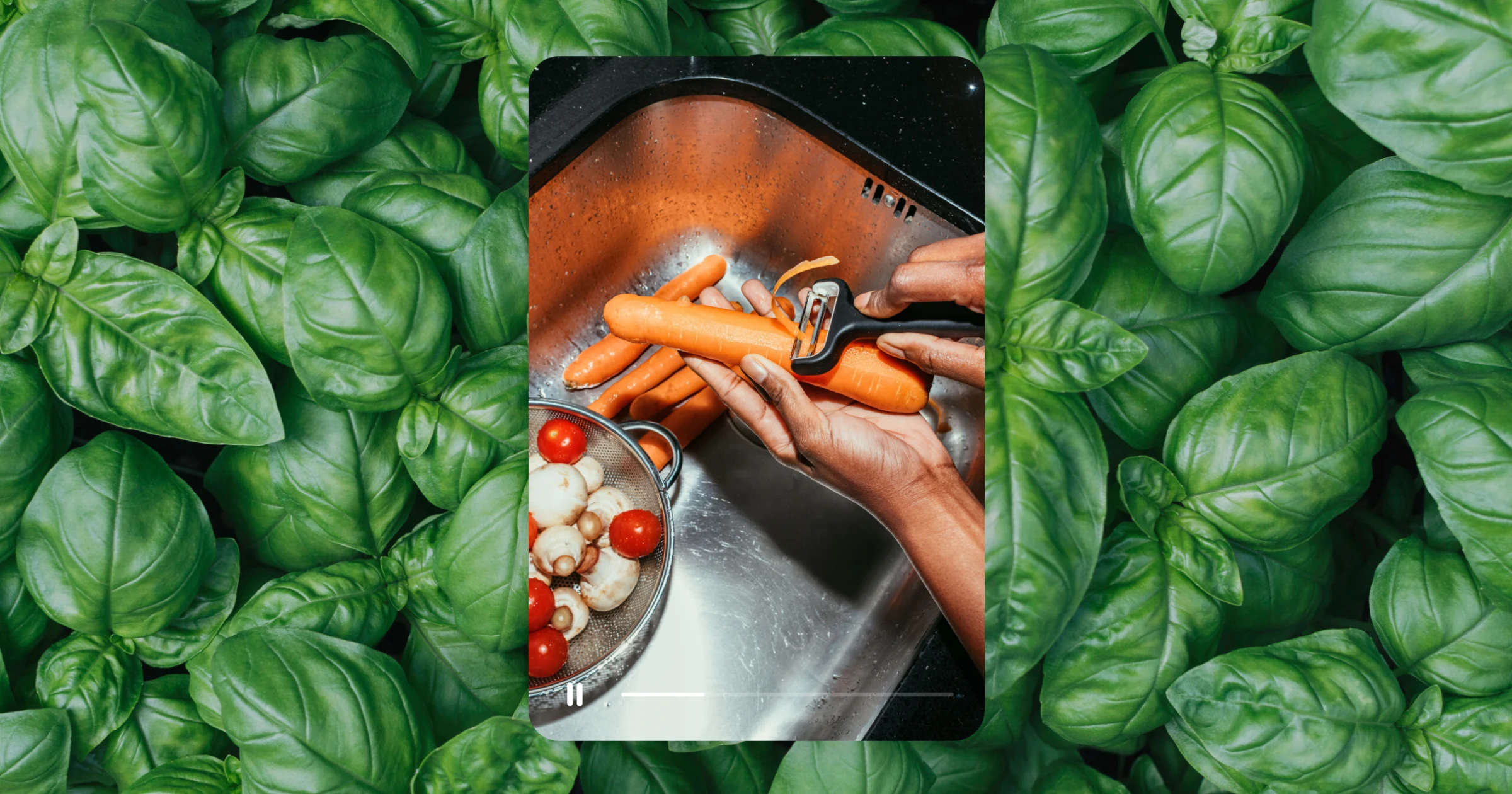 Idea Pin of Black hands peeling carrots over a bowl of tomatoes and mushrooms, centred on a background image of a basil plant.