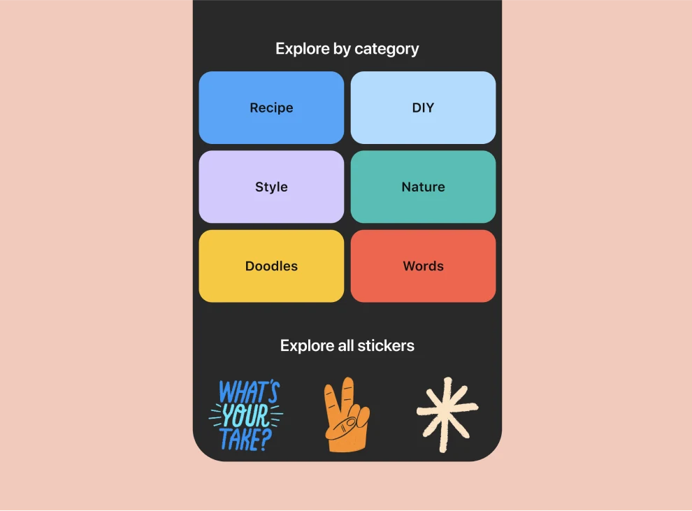 A sticker publishing tool with categories to explore: recipe, DIY, style, nature, doodles and words, with examples and a call to action at the bottom to explore all stickers