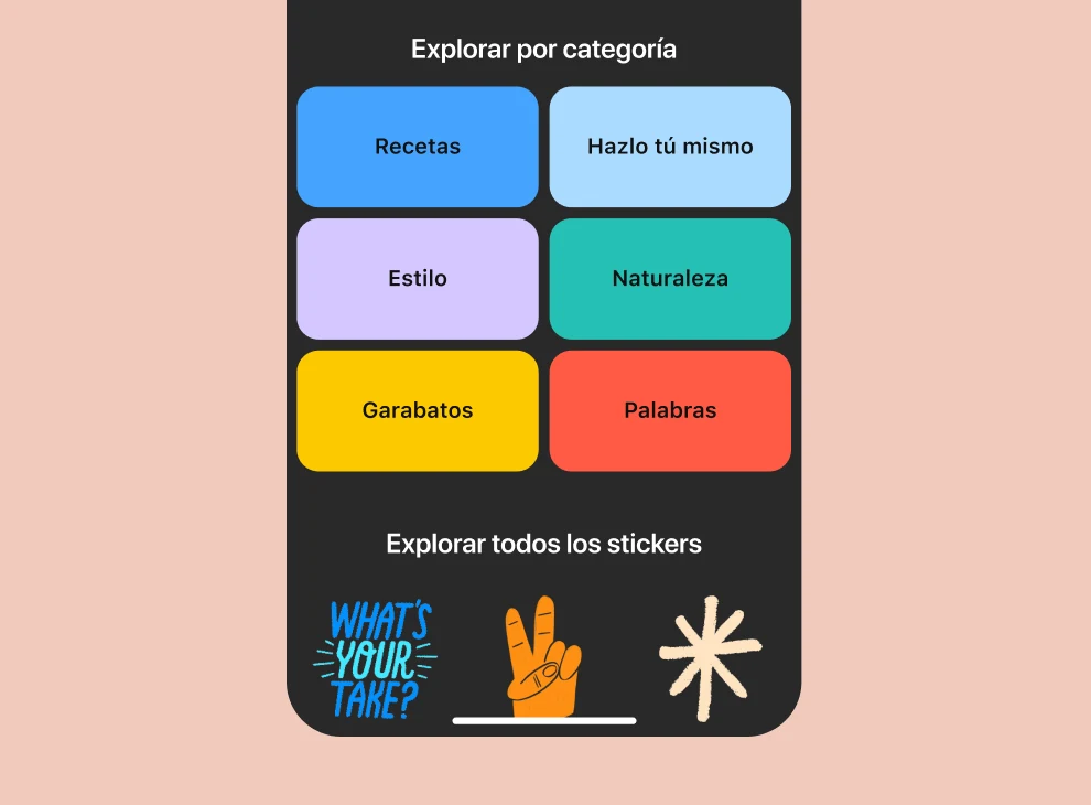 Una herramienta para publicar stickers con categorías para explorar: recetas, bricolaje, estilo, naturaleza, garabatos y palabras, con ejemplos y una llamada a la acción en la parte inferior para explorar todos los stickers