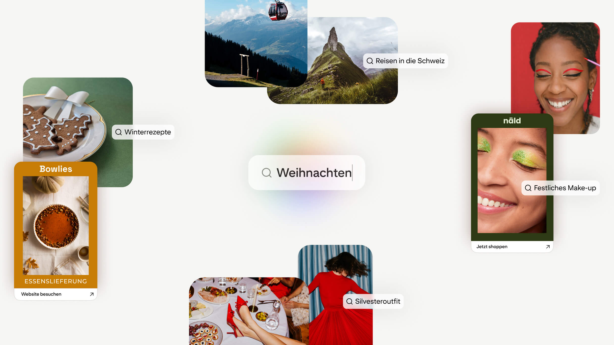 Collage mit Suchideen für die Weihnachtszeit, darunter Winterrezepte, Reisen in die Schweiz, festliches Make-up und Silvester-Outfits.