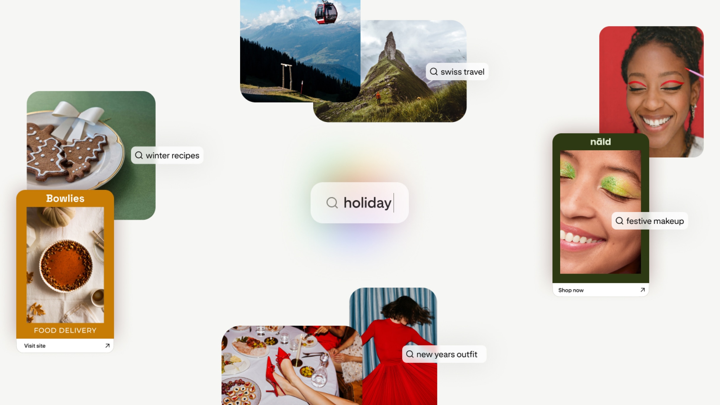Collage of holiday search ideas including winter recipes, Swiss travel, festive makeup, and New Year’s outfits.
