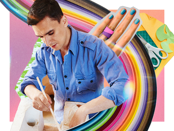 Collage featuring a White man doing crafts, surrounded by supplies like colorful paper, crafting scissors and a White hand modeling a paper ring.
