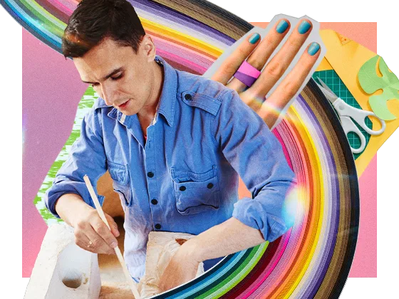 Collage mit einem weißen Mann beim Basteln, umgeben von Zubehör wie buntem Papier, Bastelscheren und einer weißen Hand, die einen Papierring modelliert.
