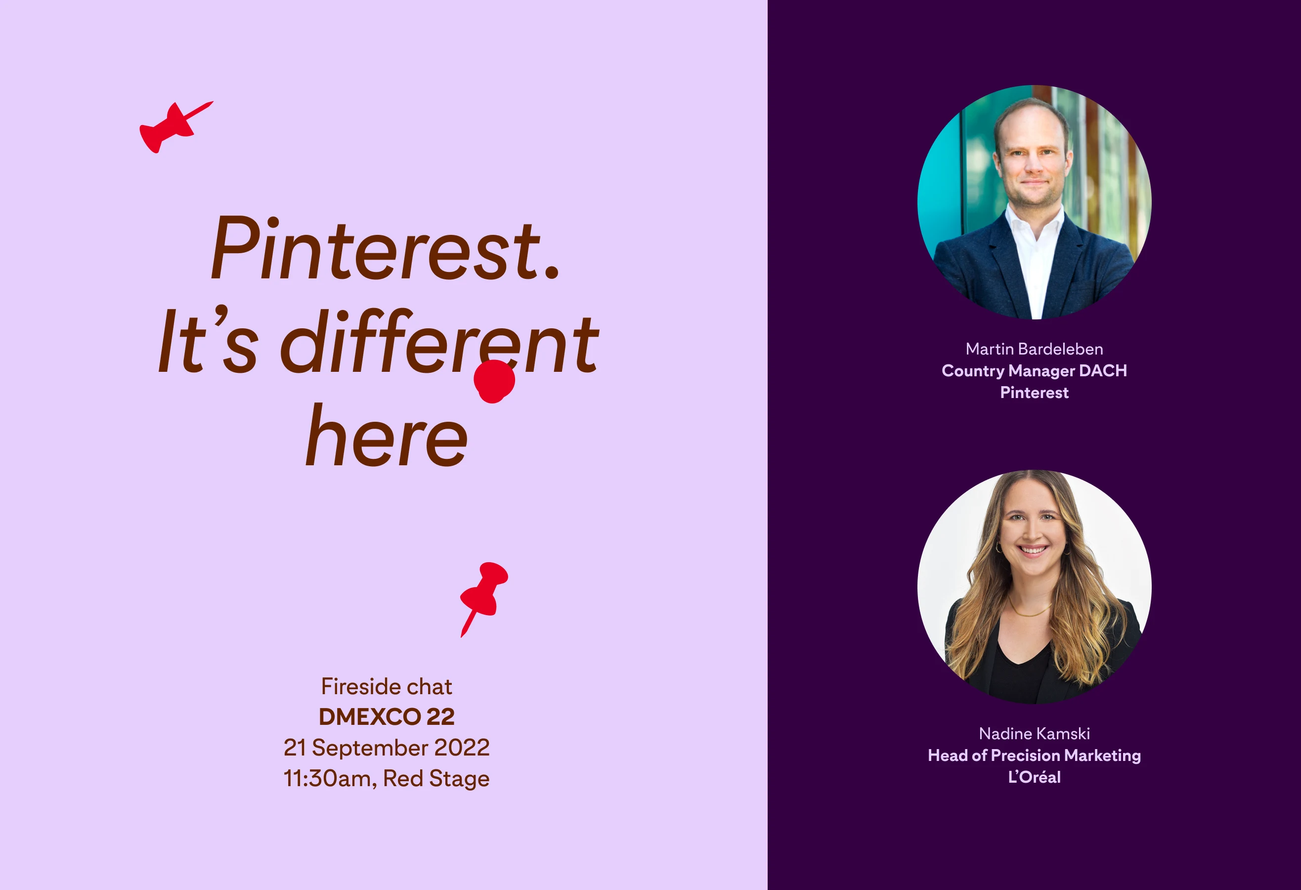 Image advertising the Pinterest at DMEXCO 2022 conference, titled "It's different here with Martin Bardeleben and Nadine Kamski from L'Oréal"