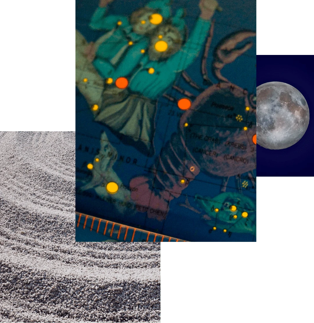 Gruppo di immagini con: primo piano della sabbia in un giardino zen, una mappa con l'oroscopo, la luna piena.