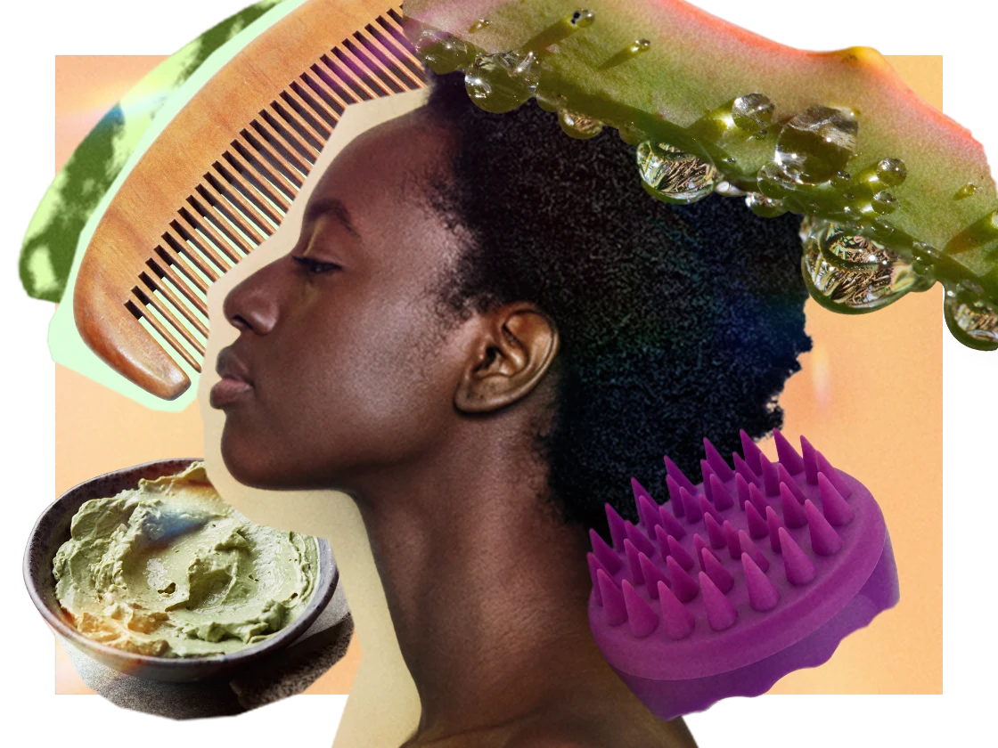 A Black woman with a coily hair texture pictured among various scalp care tools like combs, scalp-targeting brushes and hydrating masks.