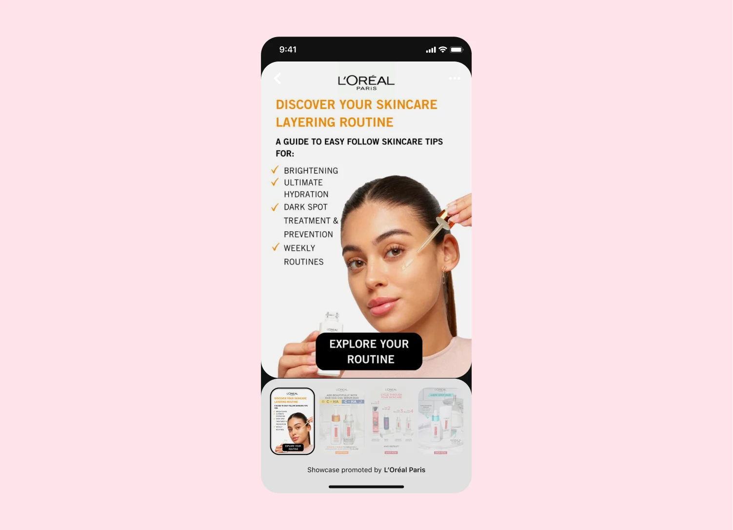 Mobile screen view featuring a showcase ad that highlights a Latina woman using face serum.