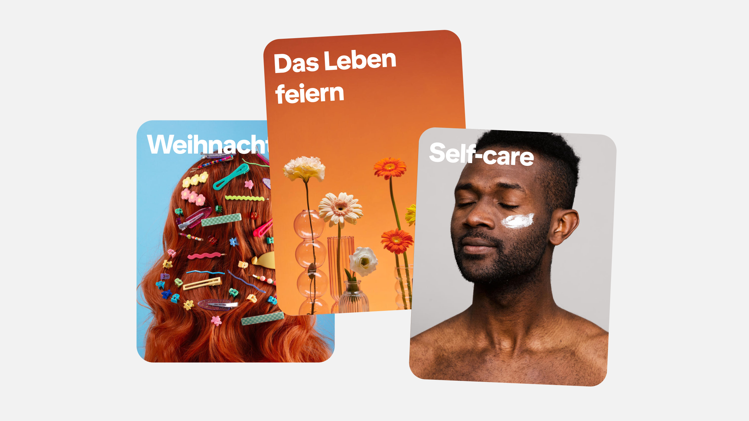 Drei Bilder mit den Überschriften „Weihnachten“, „Trauerfeier“ und „Self-Care“ zeigen Szenen aus verschiedenen Marketingmomenten.