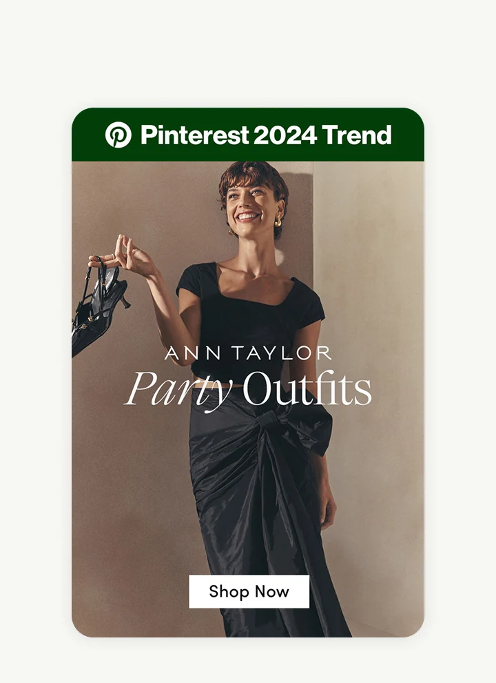 A shoppable Ann Taylor ad of a woman in a black party dress, featuring a “Pinterest 2024 trend” label