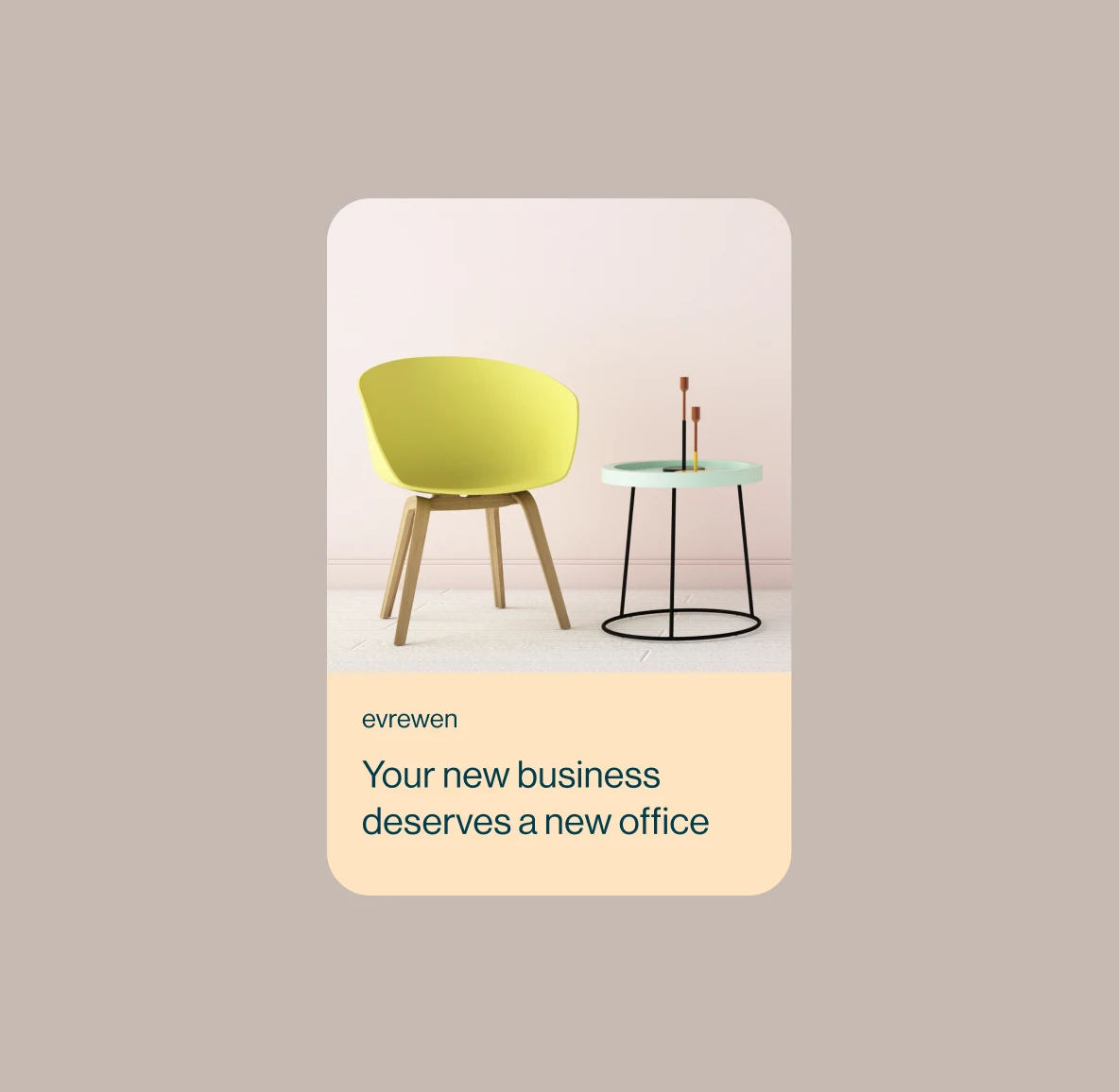Yellow chair and seafoam green end table in front of a pale purple background with on-screen text that reads: “Your new business deserves a new office.” 
