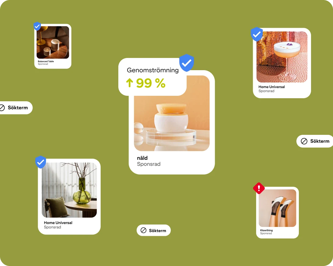 Exempelannonsbilder visar trämöbler, en kaffekopp, en vas med blommor, bruna skor och vita skor. Varje annons har ett märke med en blå bock eller ett rött utropstecken för att visa om den klarar målgruppens lämplighetskrav på Pinterest.