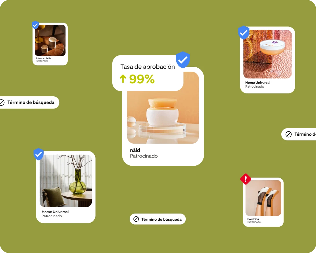Imágenes de anuncios ficticios que muestran muebles, una taza de café, un jarrón con flores, zapatos marrones y zapatos blancos. Cada uno incluye una insignia con una marca de verificación azul o un signo de exclamación rojo para ilustrar si es idóneo.
